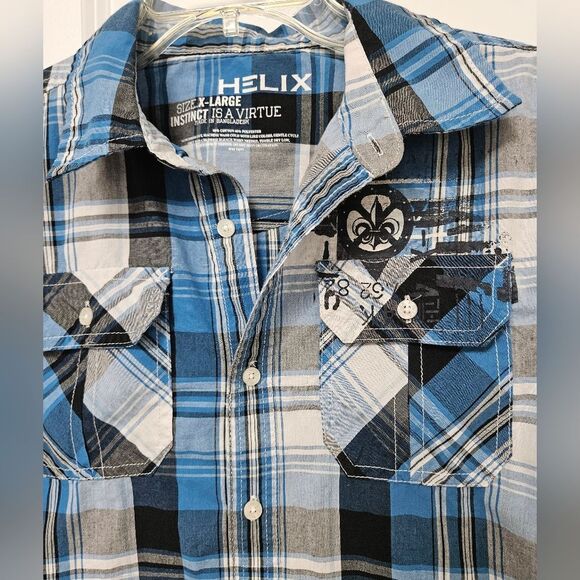 HELIX Shirt Boys Size XL Plaid Long Sleeve Roll Up Pockets Skull Skater See Pics - Picture 3 of 10